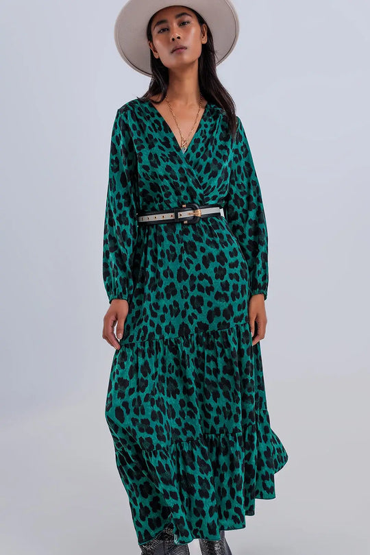 Tiered maxi wrap dress with long sleeve in green - Dresses