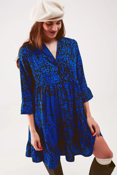 Tiered mini smock dress in blue animal print - Dresses