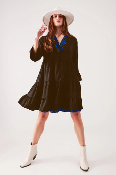 Q2 Tiered smock mini dress in black