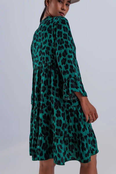 Tiered smock mini dress in green animal print - Dresses