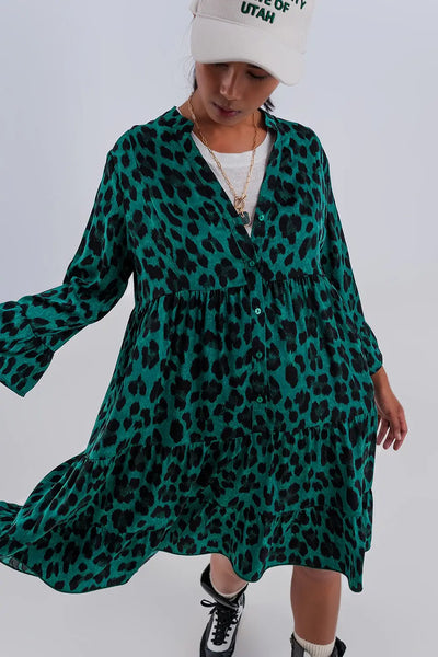 Tiered smock mini dress in green animal print - Dresses