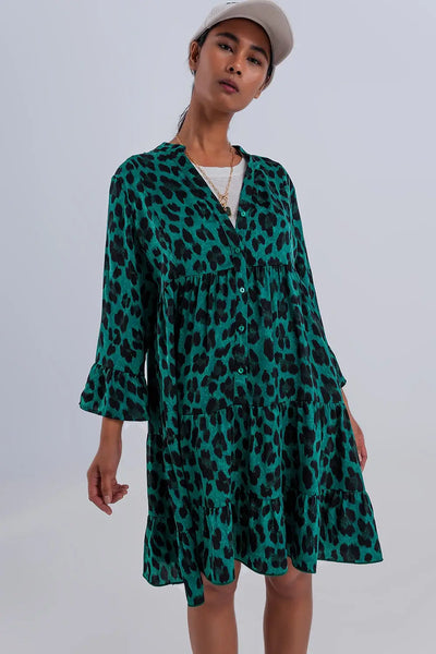 Tiered smock mini dress in green animal print - Dresses