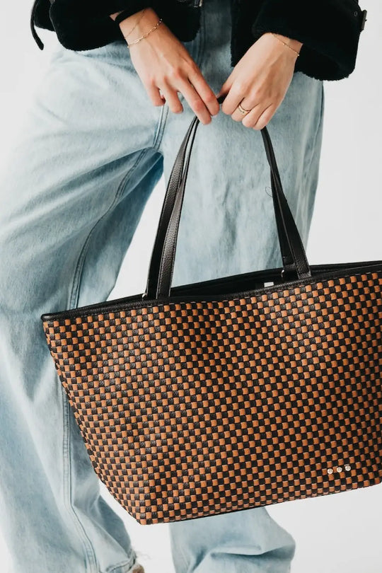 Woven Tiffany Organizer Tote Bag - Checkered Coffee - Tote Bag