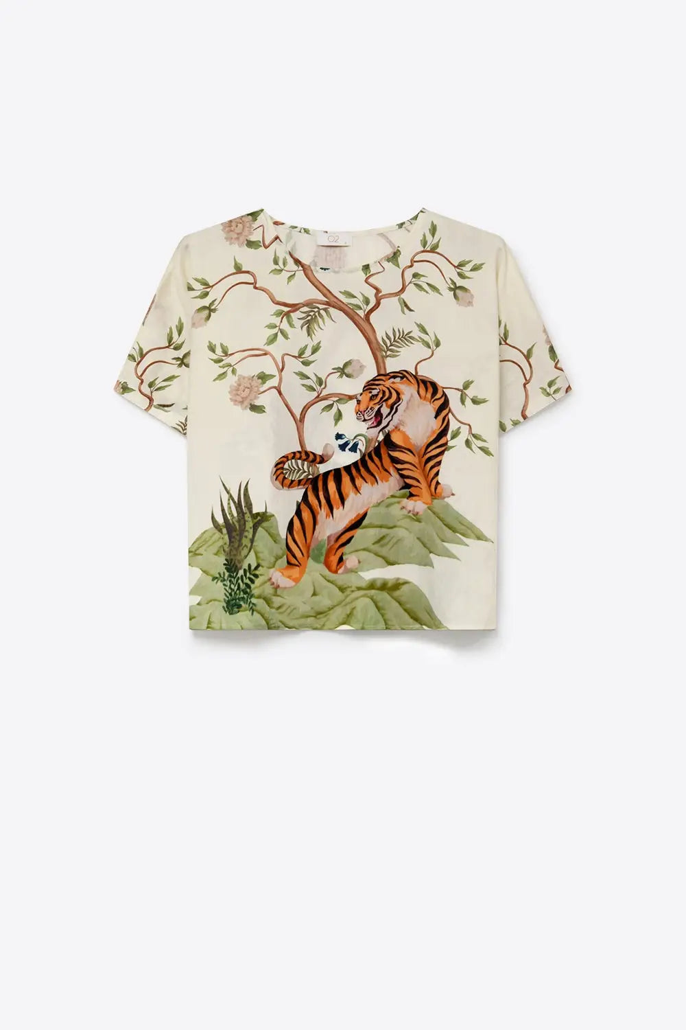 Q2 Tiger and Floral Print Lightweight Woven Cropped Top in Cream