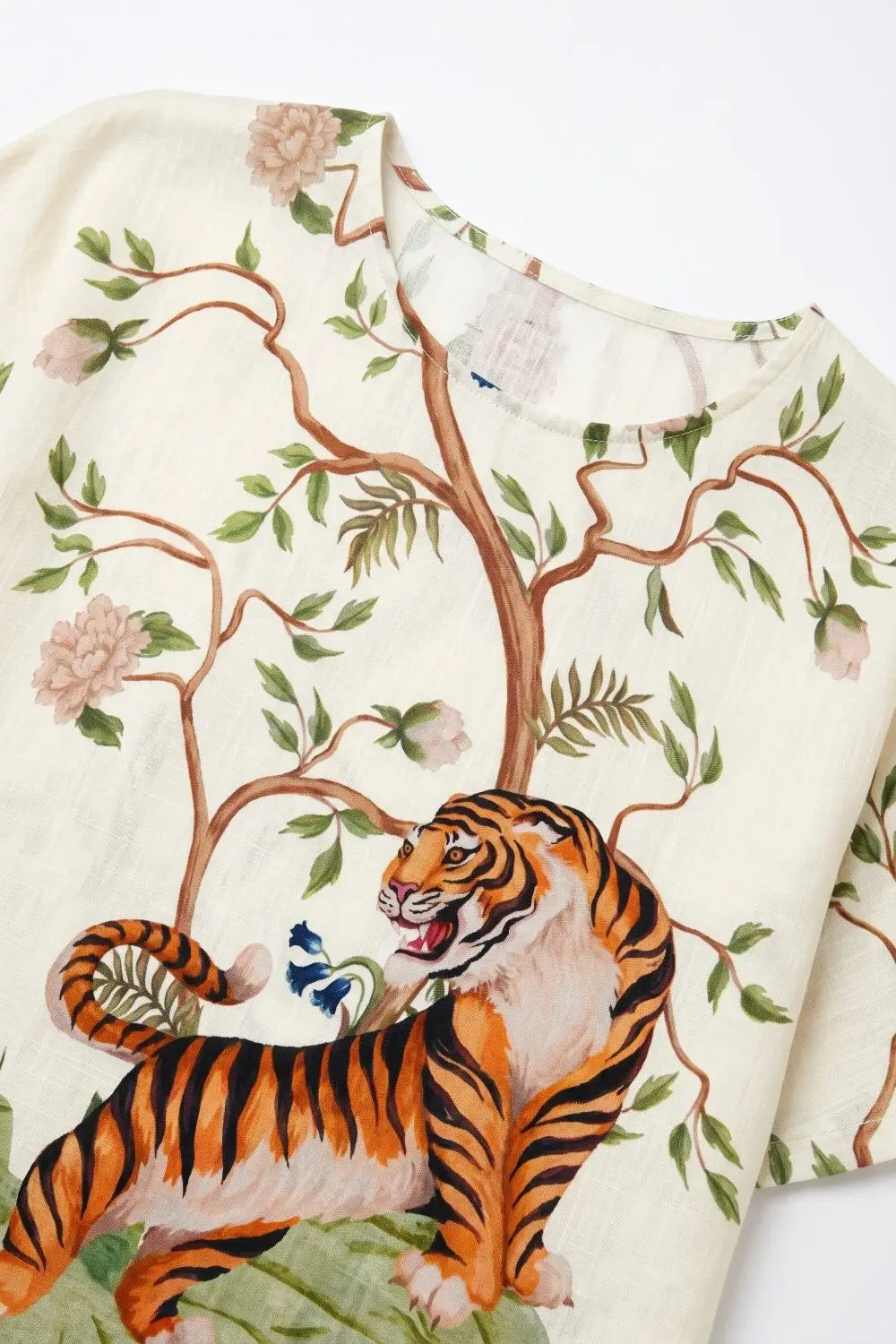 Tiger and Floral Print Lightweight Woven Cropped Top in Cream - Shirts
