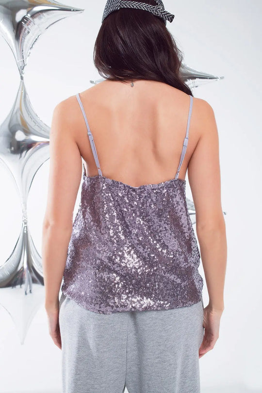 Top à bretelles avec décolleté en V profond en paillettes argentées - Tops