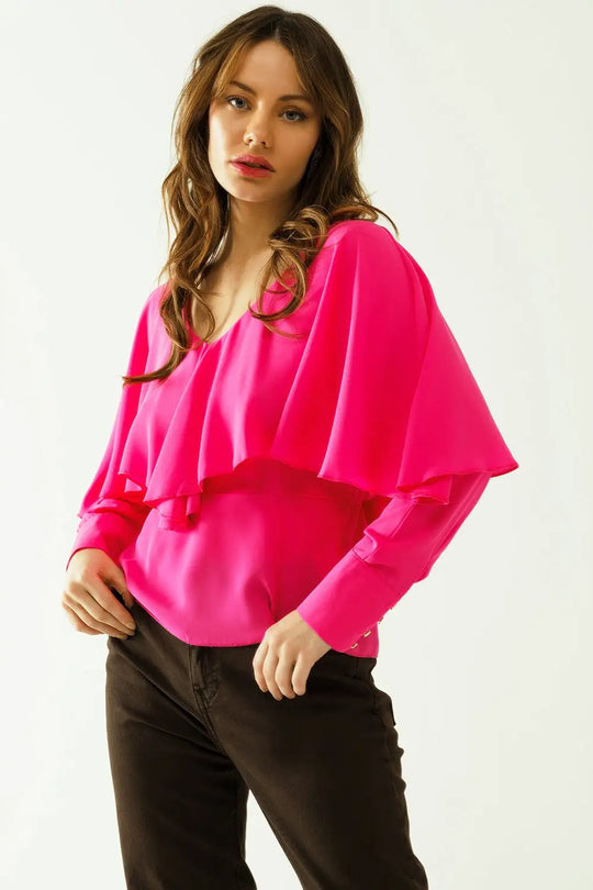 Q2 Top à col en V volanté avec poignets boutonnés et lien dans le dos en fuchsia