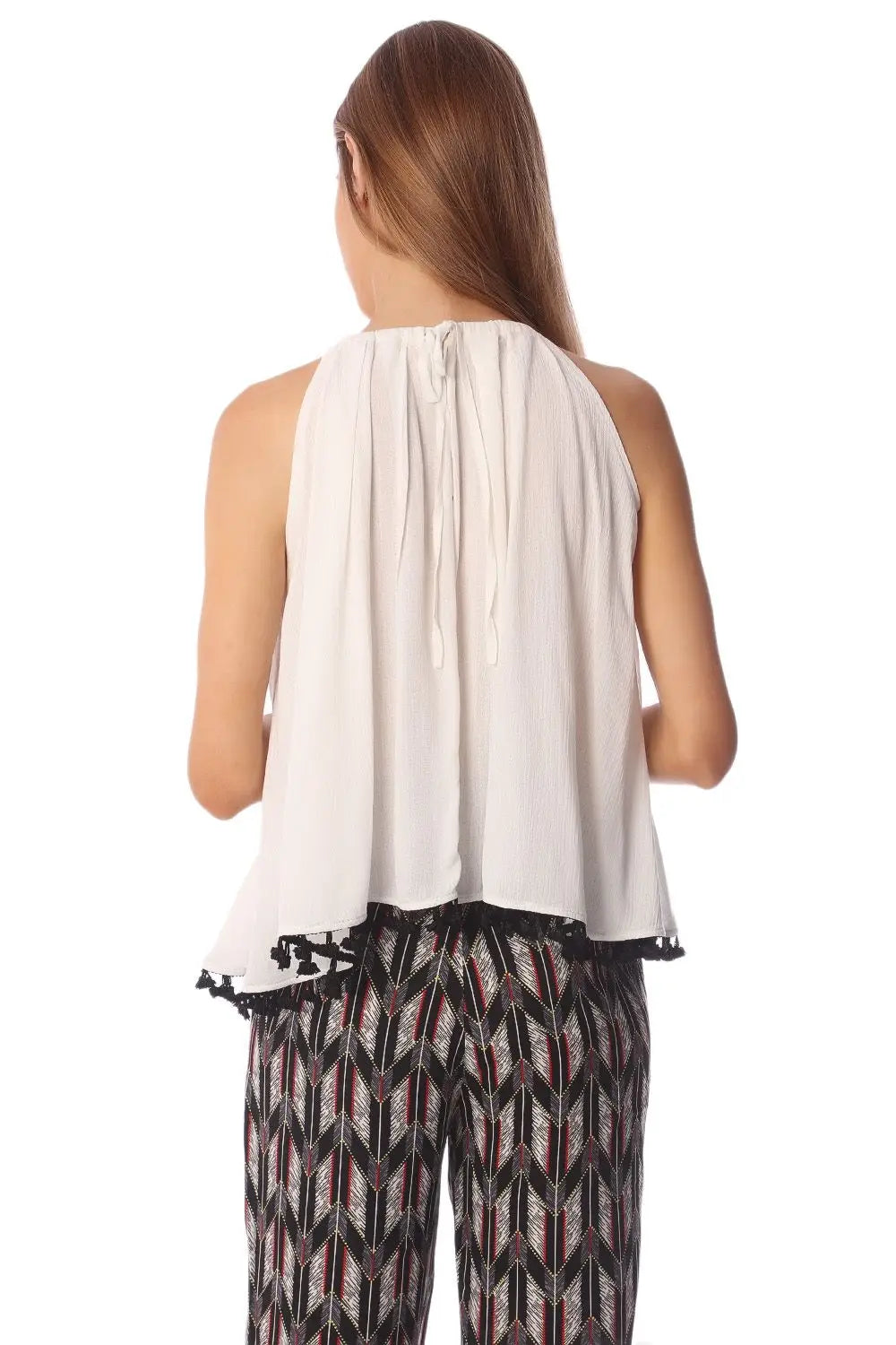Top à coupe trapèze blanc avec ourlet orné de pompons - Tee-Shirt