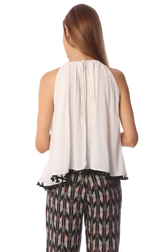Top à coupe trapèze blanc avec ourlet orné de pompons - Tee-Shirt