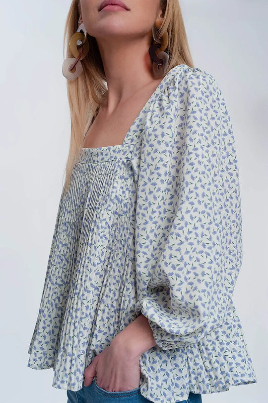 Top à fleurs avec manches bouffantes et encolure carrée bleu - Tops