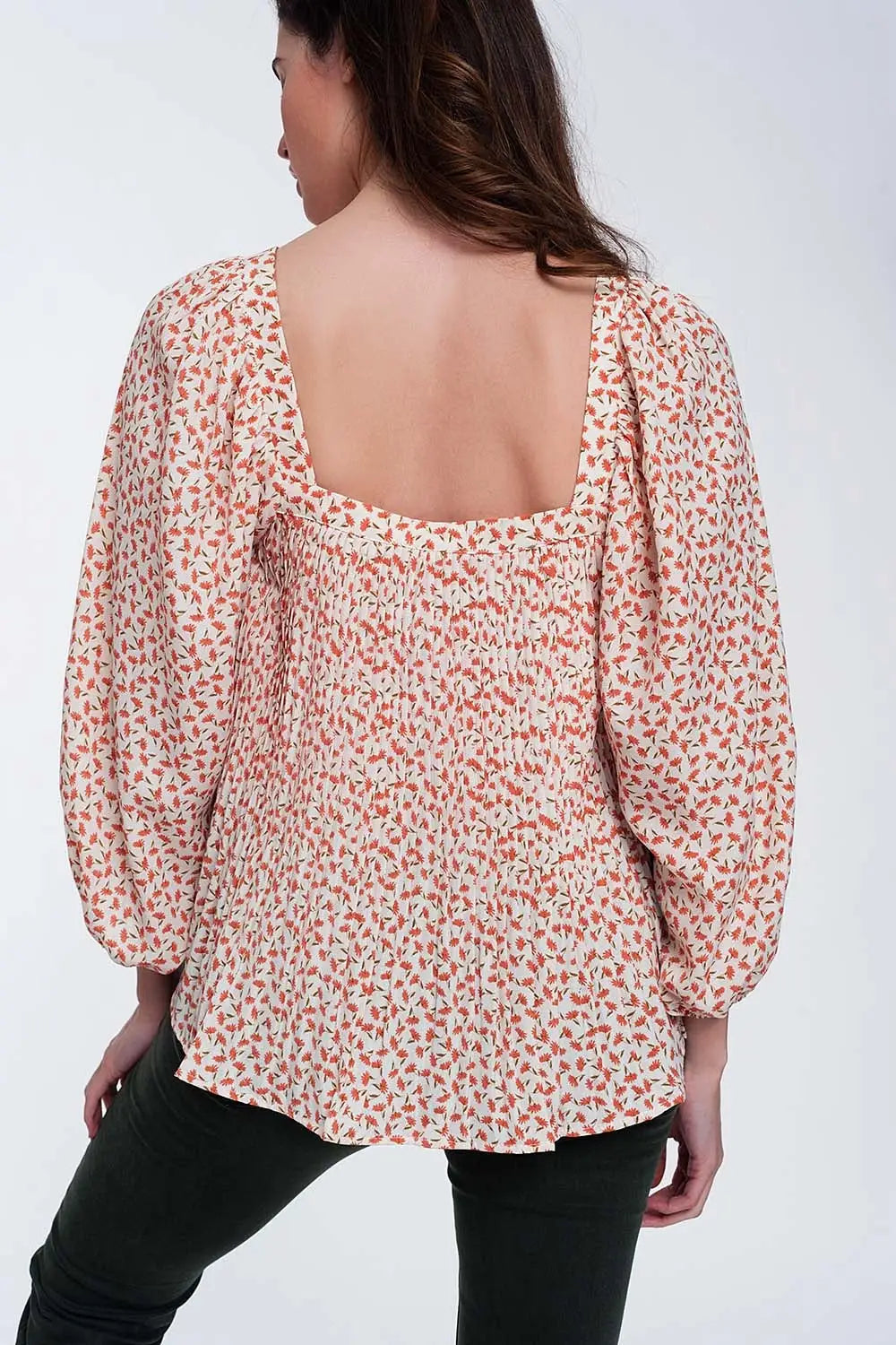 Top à fleurs avec manches bouffantes et encolure carrée corail - Tops