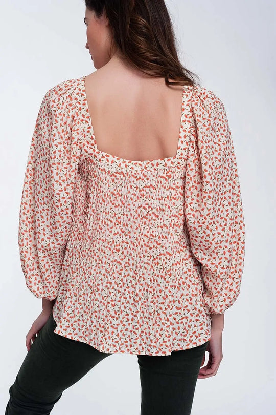 Top à fleurs avec manches bouffantes et encolure carrée corail - Tops