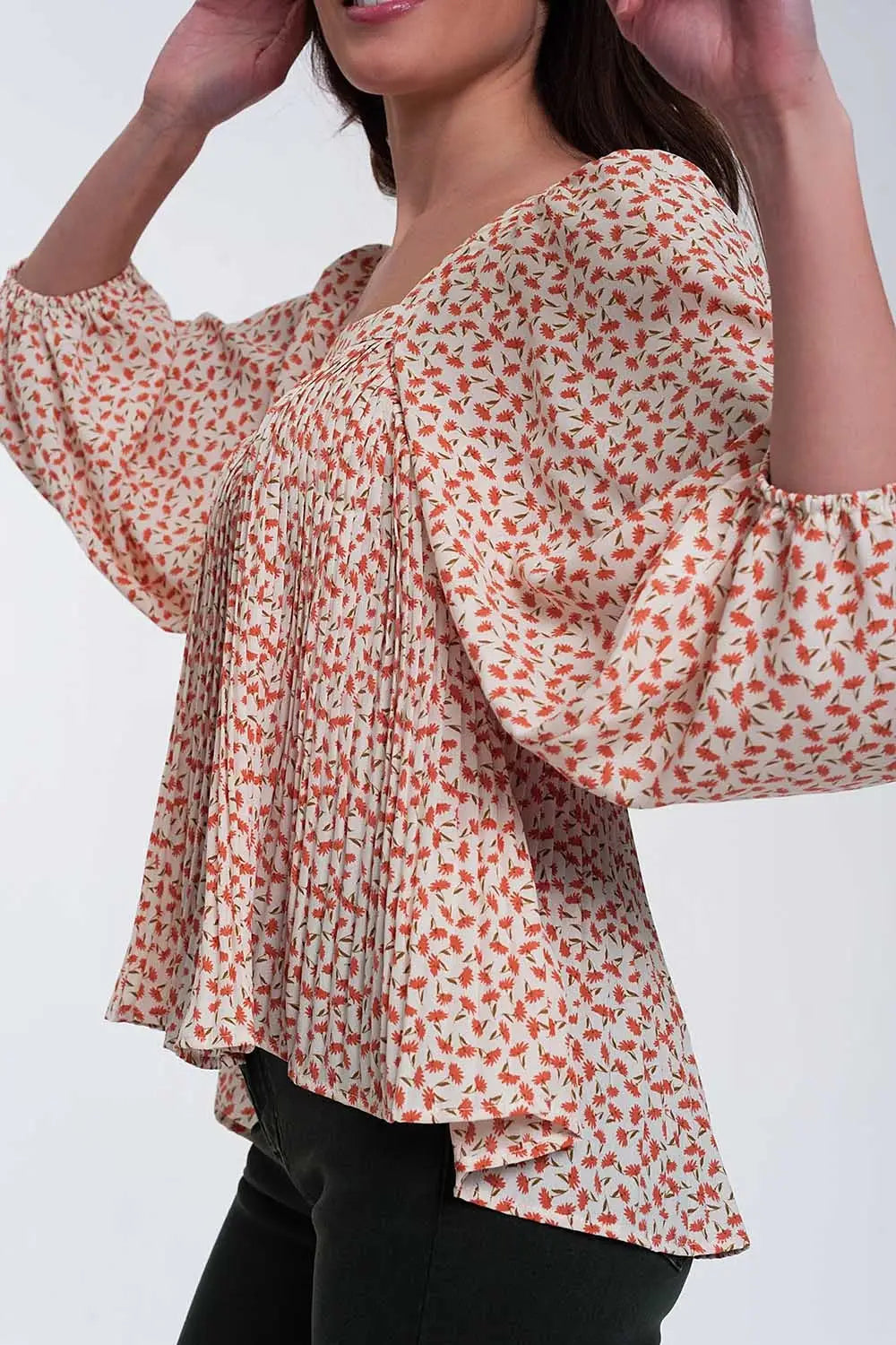Top à fleurs avec manches bouffantes et encolure carrée corail - Tops