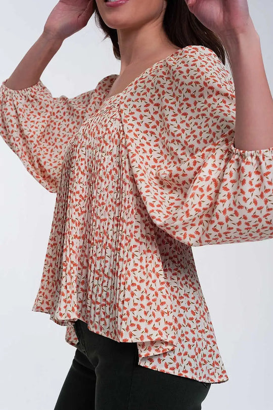 Top à fleurs avec manches bouffantes et encolure carrée corail - Tops