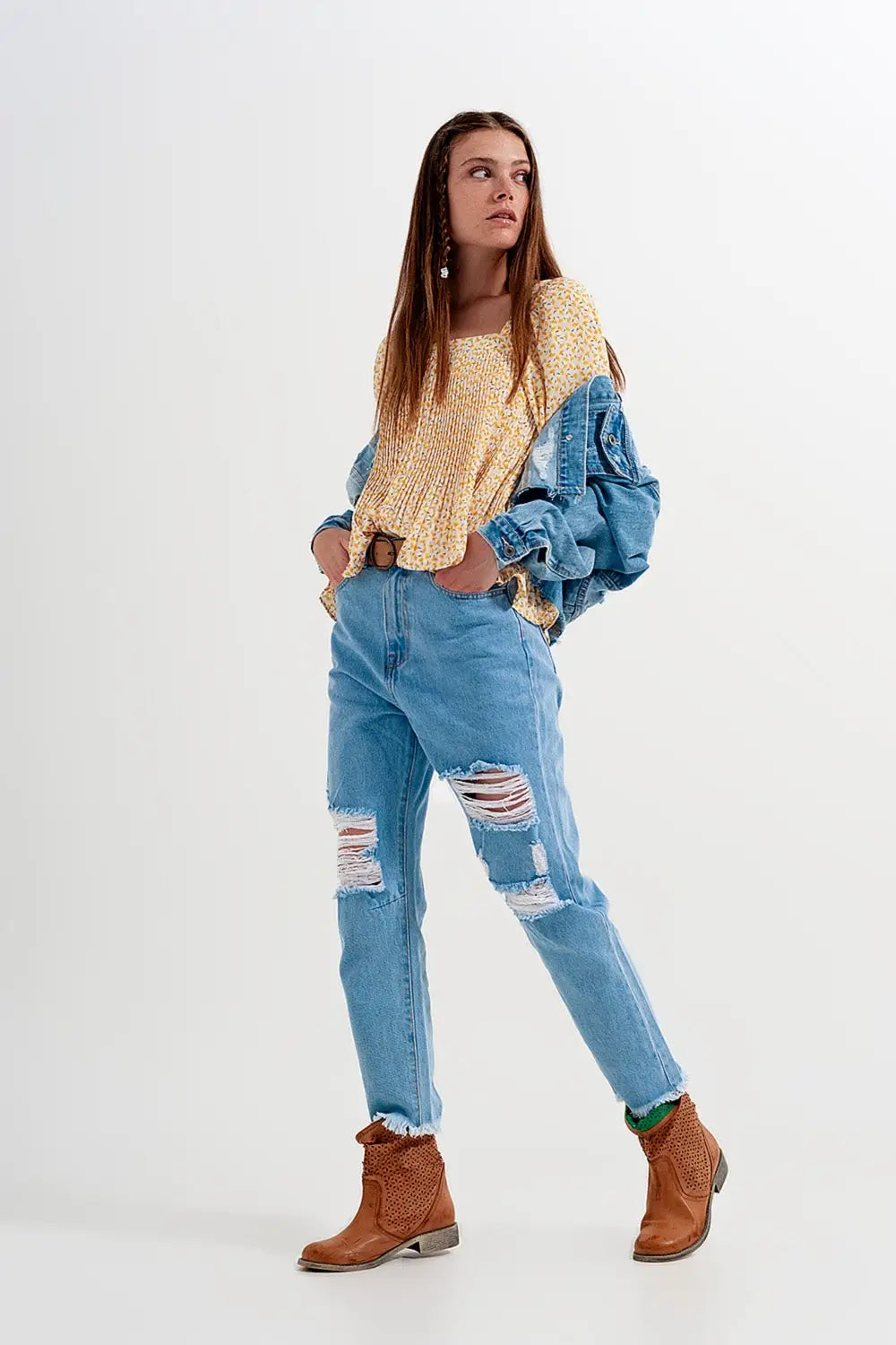 Top à fleurs avec manches bouffantes et encolure carrée jaune - Tee-Shirt