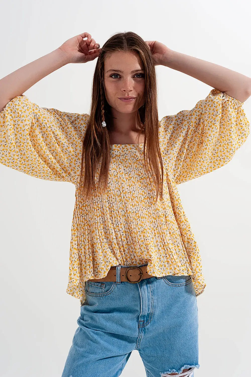 Top à fleurs avec manches bouffantes et encolure carrée jaune - Tee-Shirt