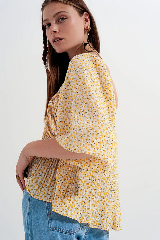 Top à fleurs avec manches bouffantes et encolure carrée jaune - Tee-Shirt
