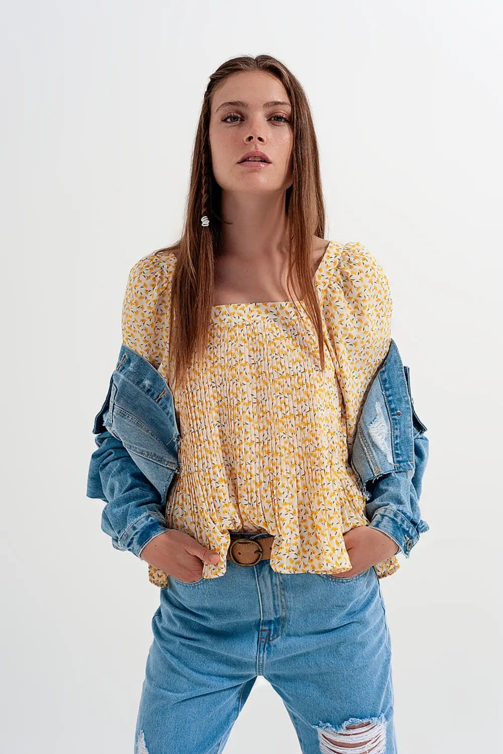 Top à fleurs avec manches bouffantes et encolure carrée jaune - Tee-Shirt