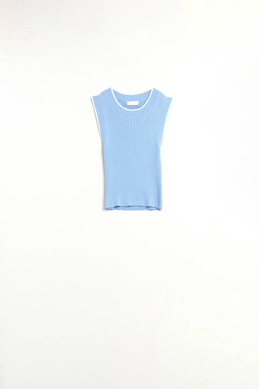 Top à manches capuchon côtelé en bleu avec bordures blanches - Pulls
