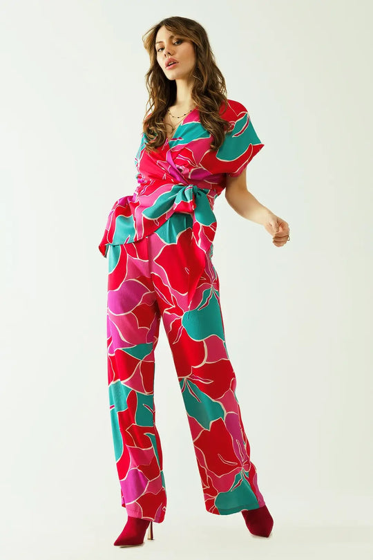 Top à manches courtes avec motif floral et détail de nœud - Tops
