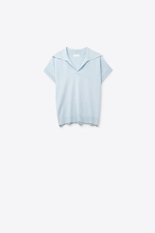 Q2 Top à manches courtes de type polo en maille fine bleu ciel