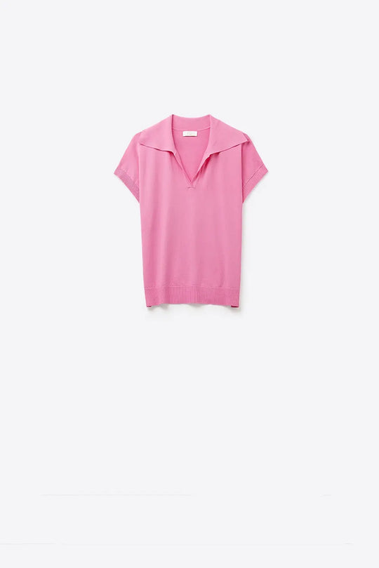 Top à manches courtes de type polo en maille fine Fuchsia - One Size / fuchsia - Pulls