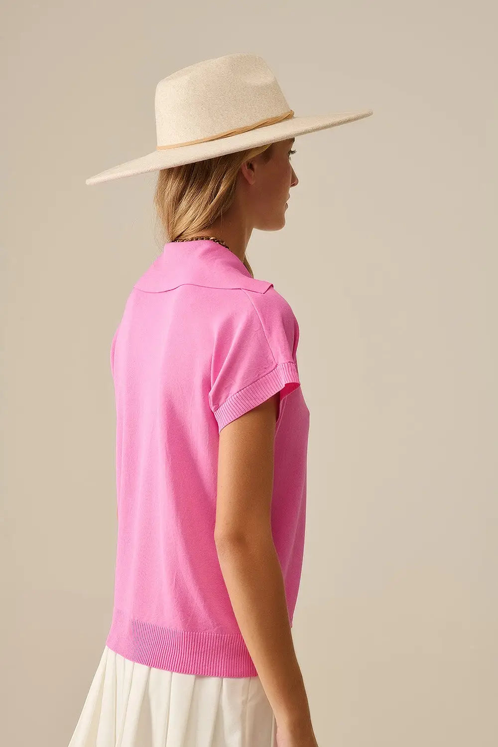Top à manches courtes de type polo en maille fine Fuchsia - One Size / fuchsia - Pulls