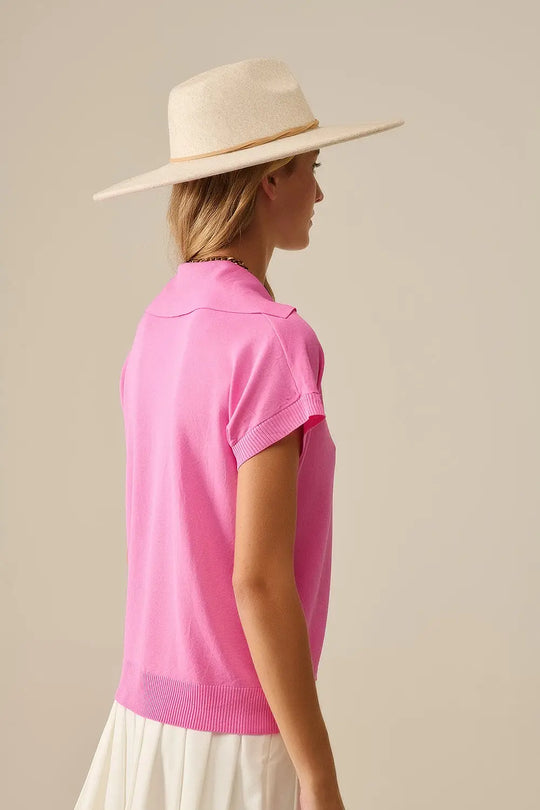 Top à manches courtes de type polo en maille fine Fuchsia - One Size / fuchsia - Pulls