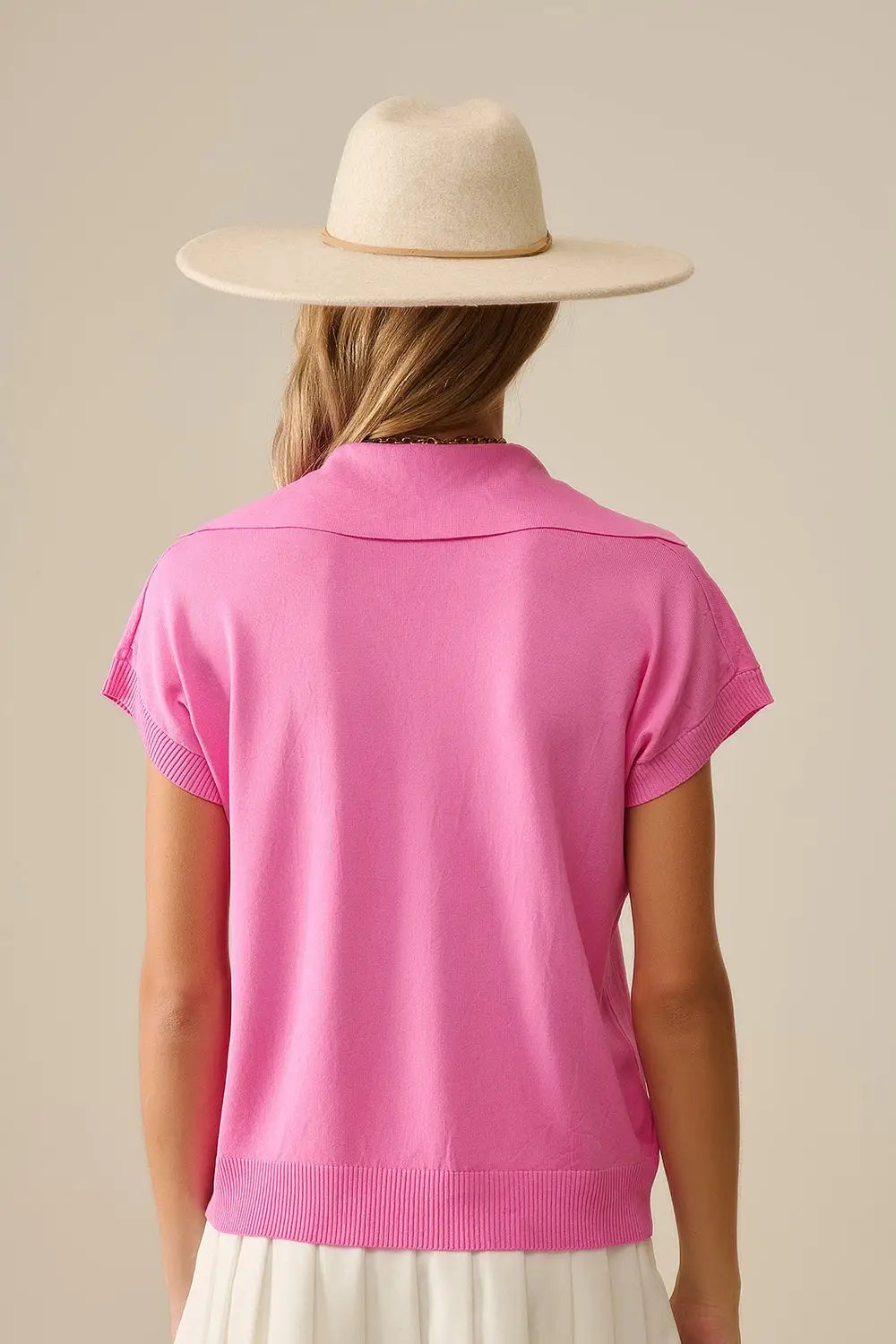 Top à manches courtes de type polo en maille fine Fuchsia - One Size / fuchsia - Pulls