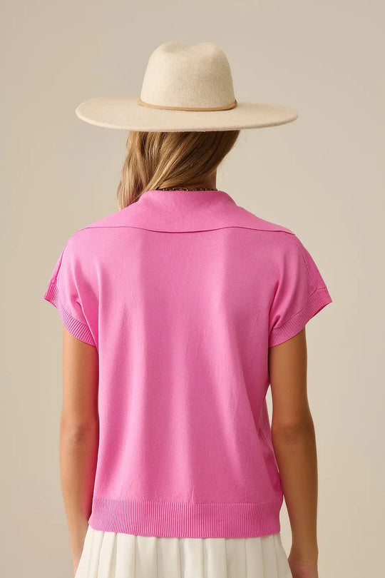 Top à manches courtes de type polo en maille fine Fuchsia - One Size / fuchsia - Pulls