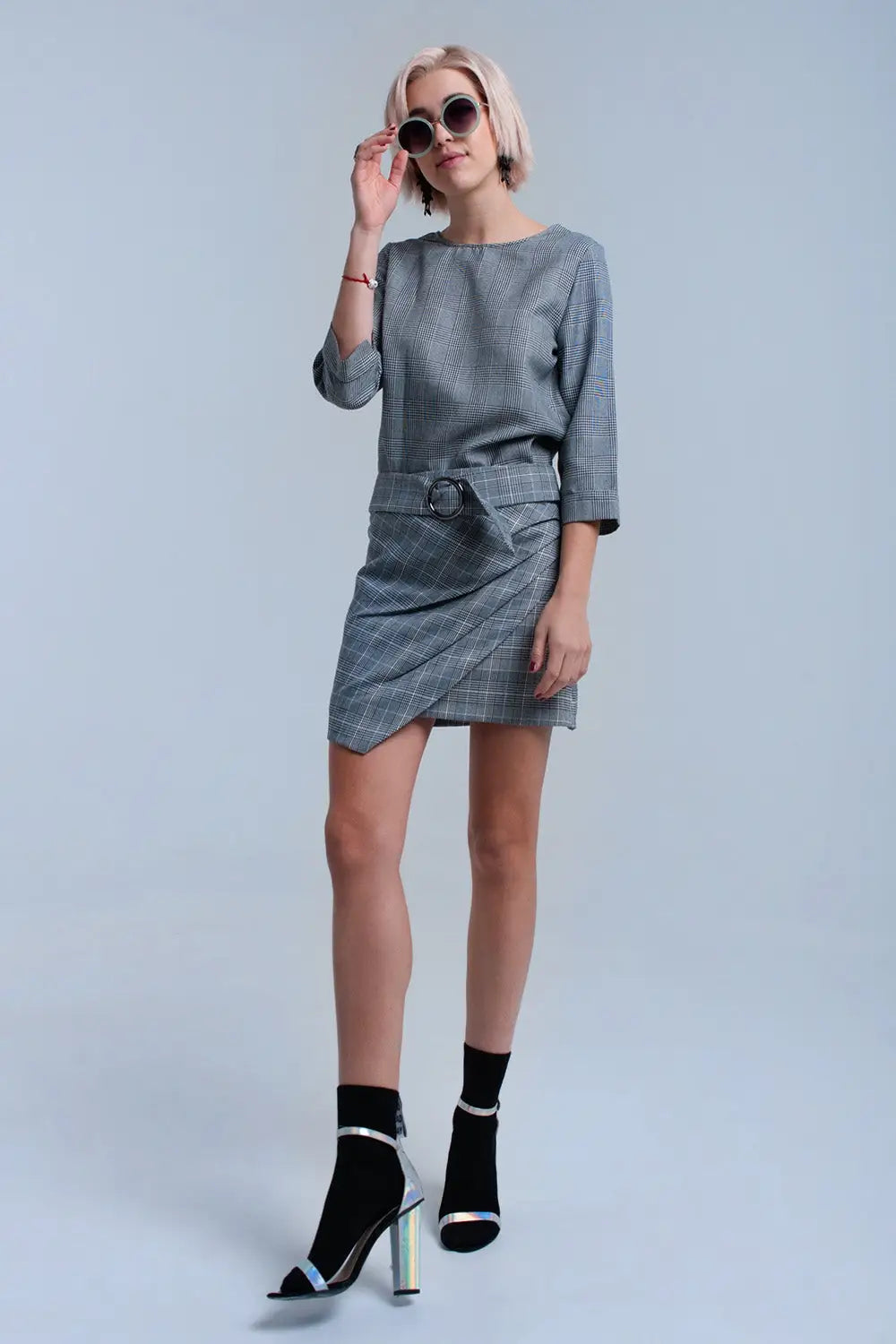 Top à motif tartan gris avec rubans - Tee-Shirt