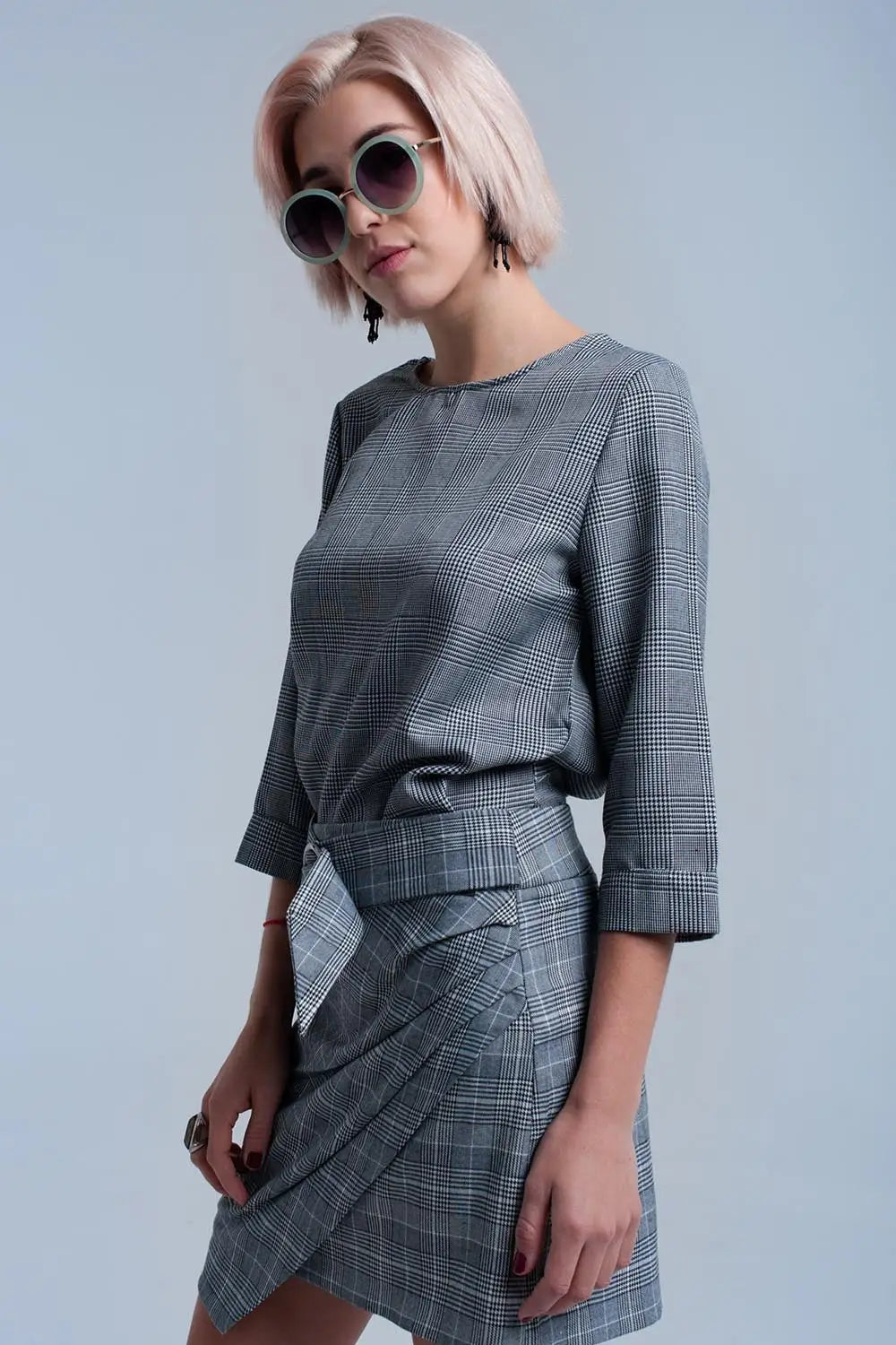 Top à motif tartan gris avec rubans - Tee-Shirt