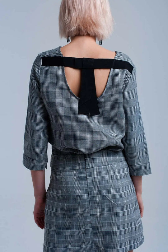 Top à motif tartan gris avec rubans - Tee-Shirt