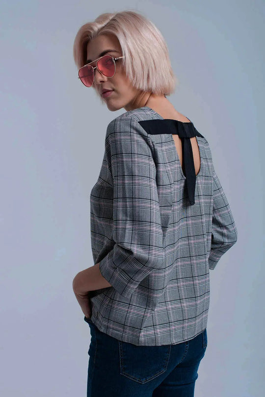 Q2 Top à motif tartan rose avec rubans