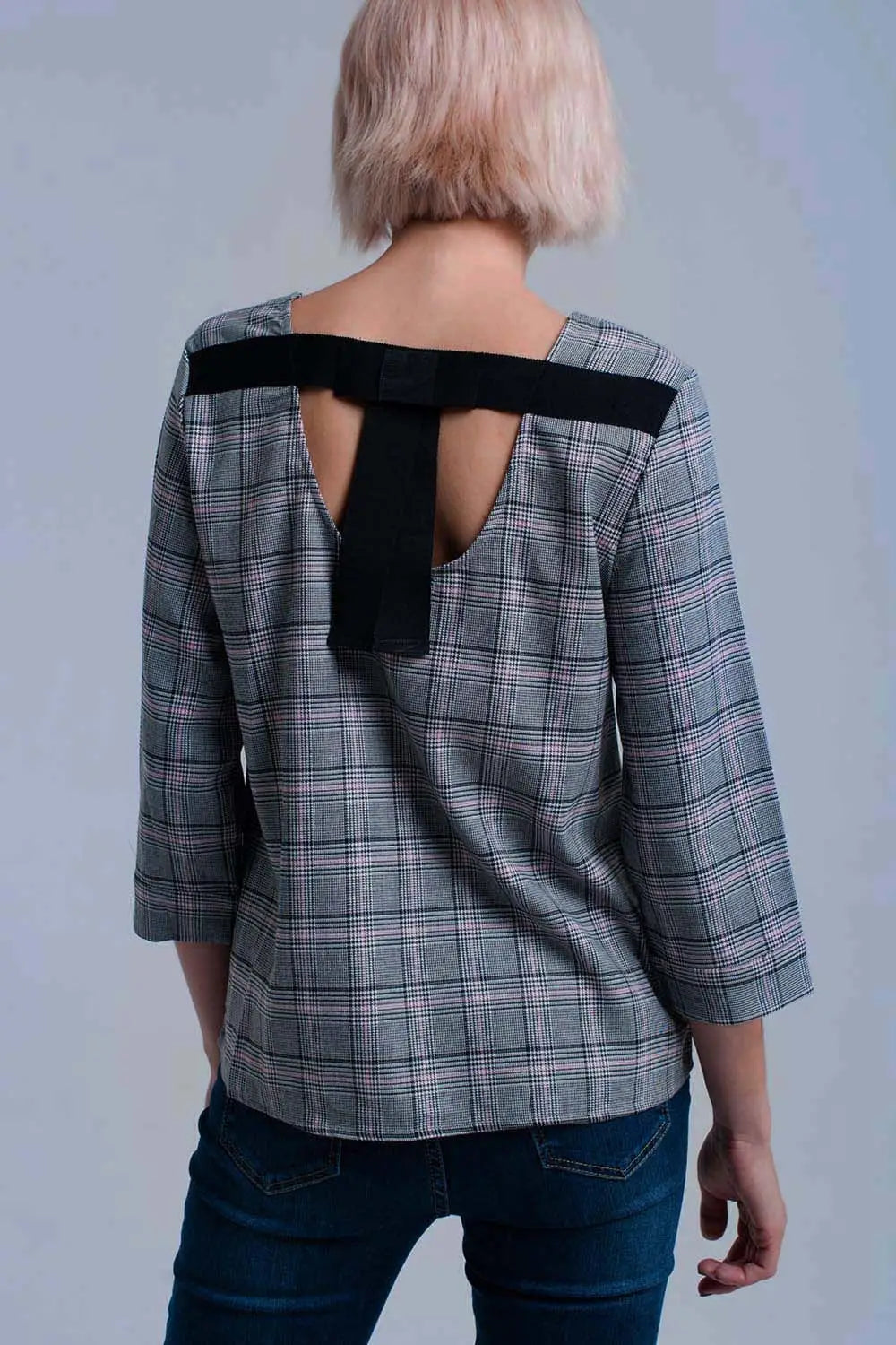 Top à motif tartan rose avec rubans - Tee-Shirt