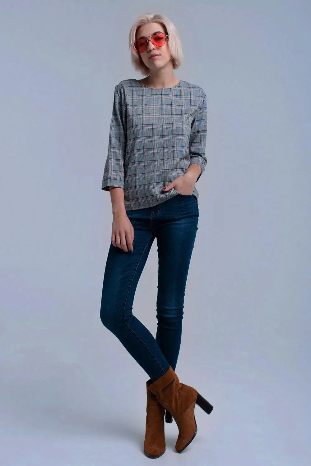 Top à motif tartan rose avec rubans - Tee-Shirt