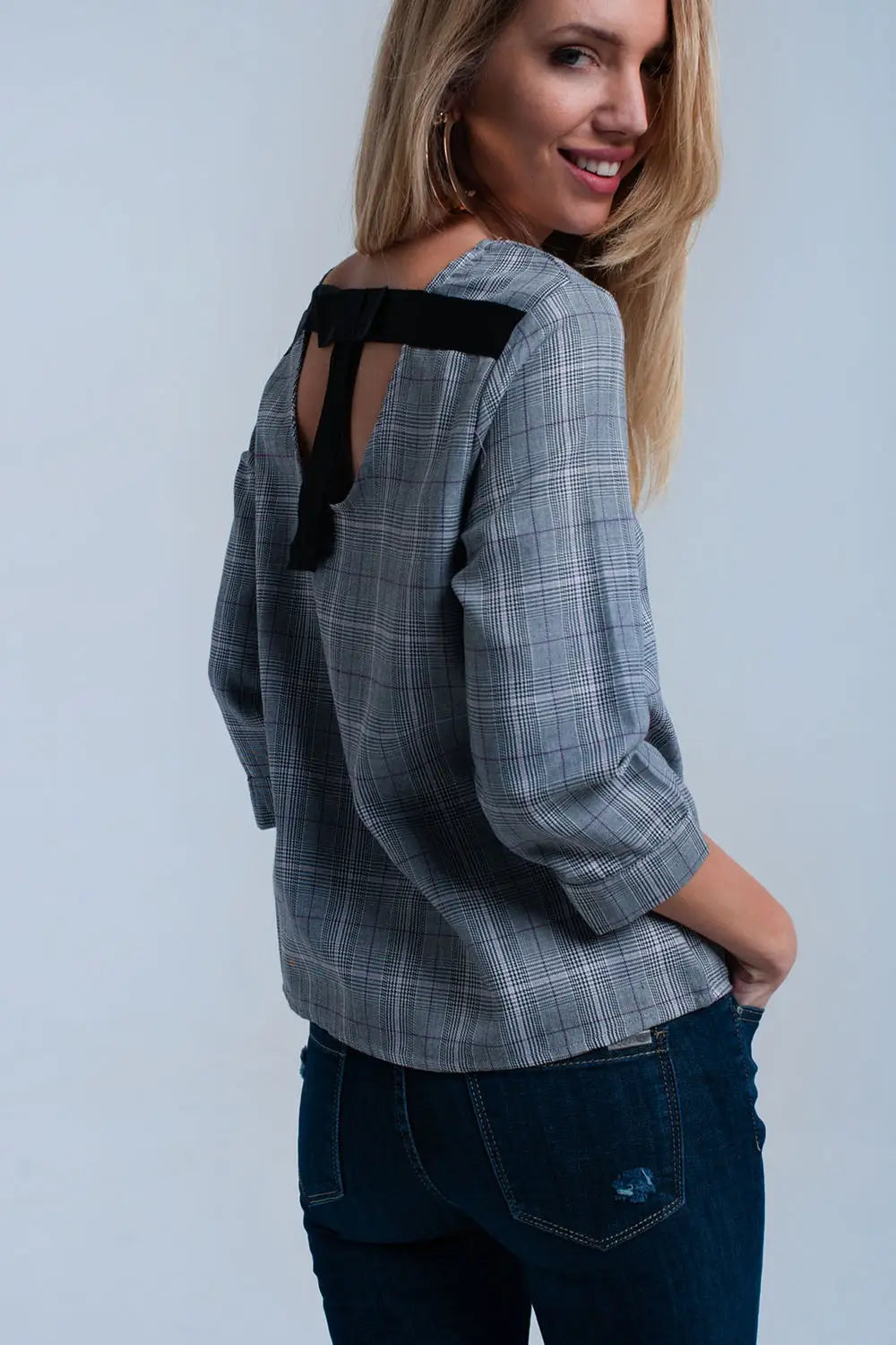Top à motif tartan violet avec rubans - Tee-Shirt