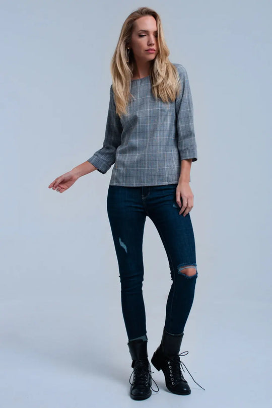 Top à motif tartan violet avec rubans - Tee-Shirt