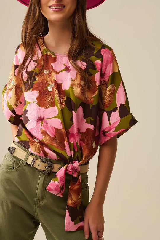Top à nœud floral sur fond vert en tissu satiné - Tops