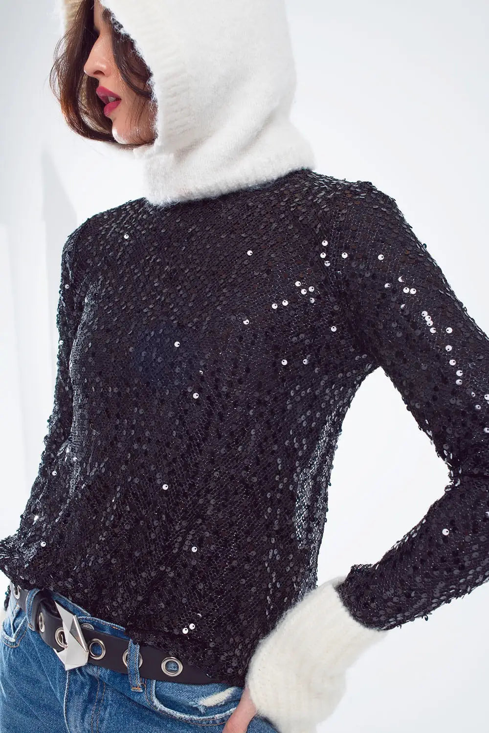 Top à paillettes à manches longues en noir - Tops