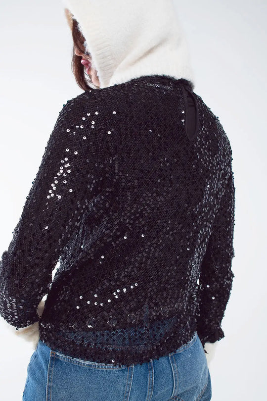 Top à paillettes à manches longues en noir - Tops