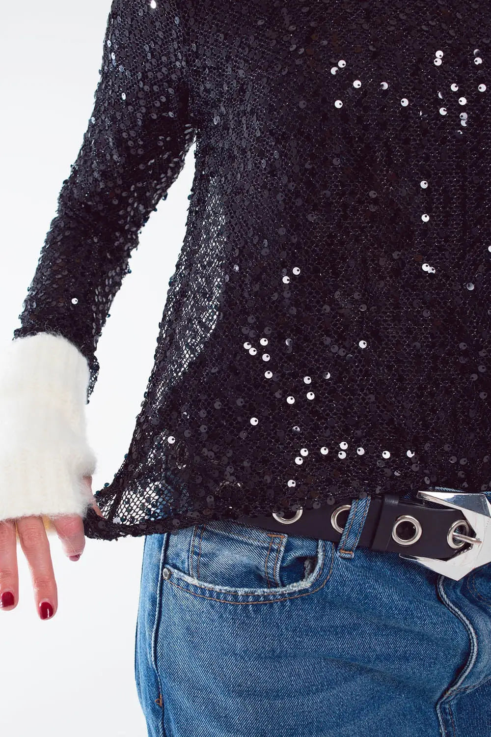 Top à paillettes à manches longues en noir - Tops