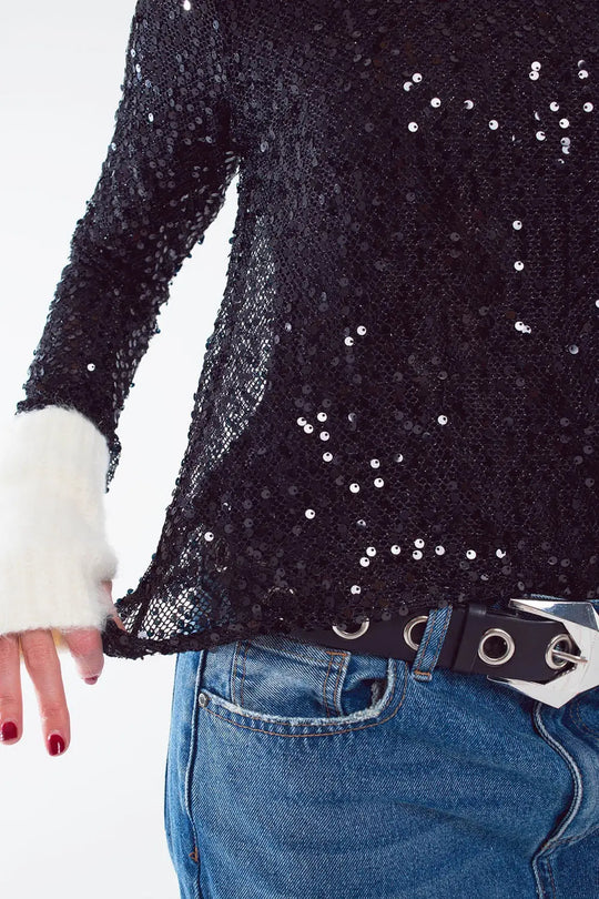 Top à paillettes à manches longues en noir - Tops