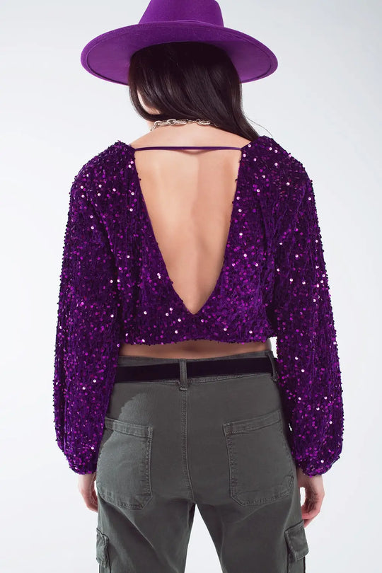 Top à paillettes violet avec décolleté en V manches ballon et dos ouvert - Tops