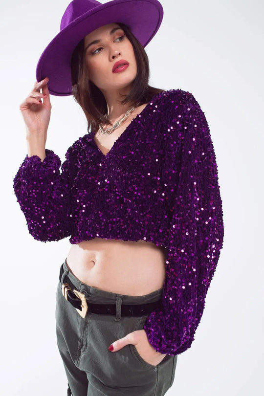 Top à paillettes violet avec décolleté en V manches ballon et dos ouvert - Tops