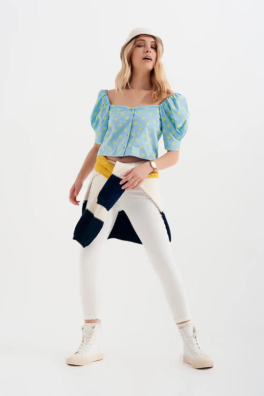 Top à pois avec manches bouffantes et encolure carrée bleu et vert - Tops