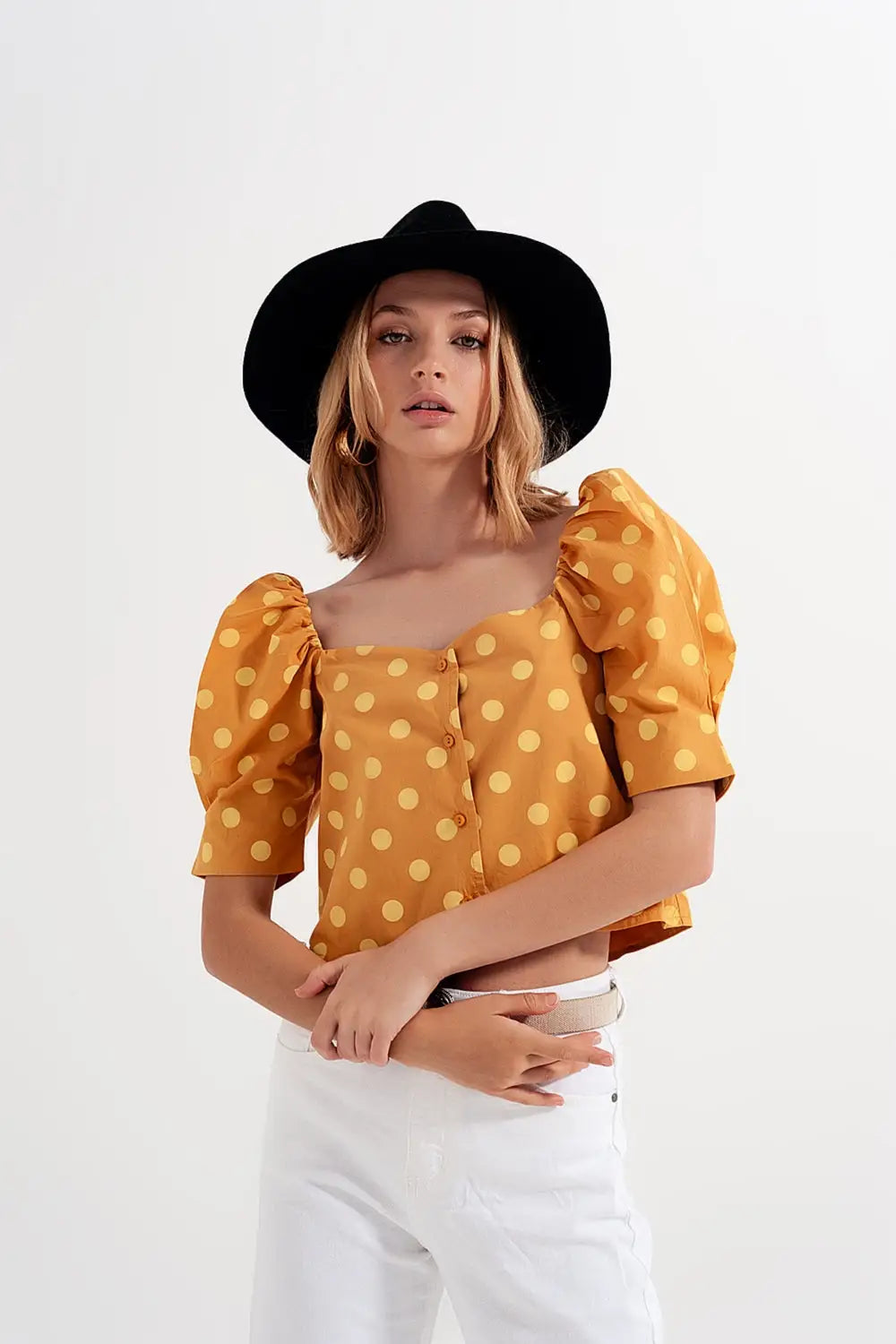 Top à pois avec manches bouffantes et encolure carrée jaue - Tops