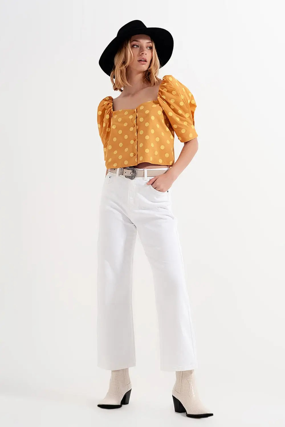 Top à pois avec manches bouffantes et encolure carrée jaue - Tops