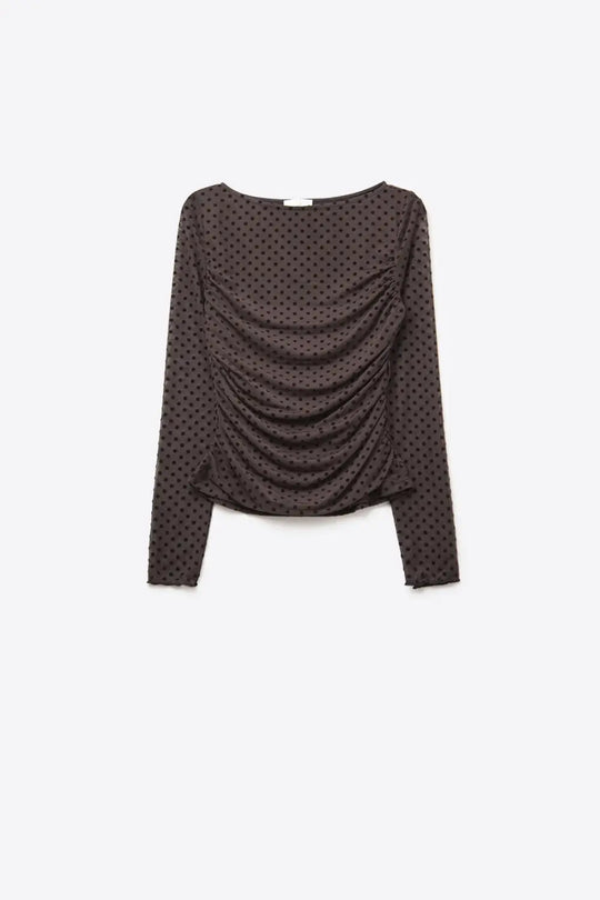 Top à pois marron en tissu transparent élastique - Tops