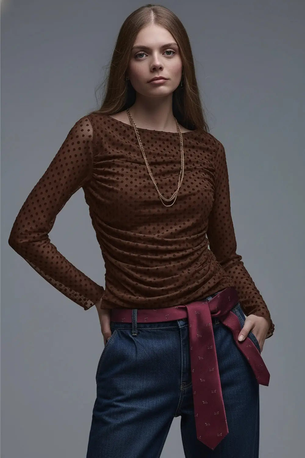Top à pois marron en tissu transparent élastique - Tops